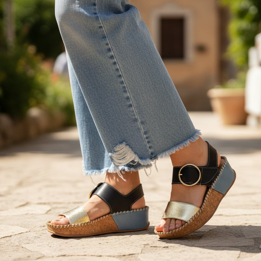 Multicolored wedge sandal with gold, black, and blue straps walking on a paved path with boho flared jeans