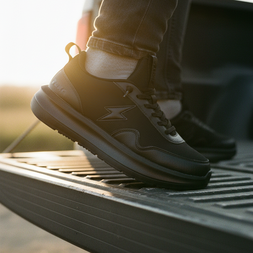 Person wearing wide width black sneakers with black soles on a truck vehicle's step.