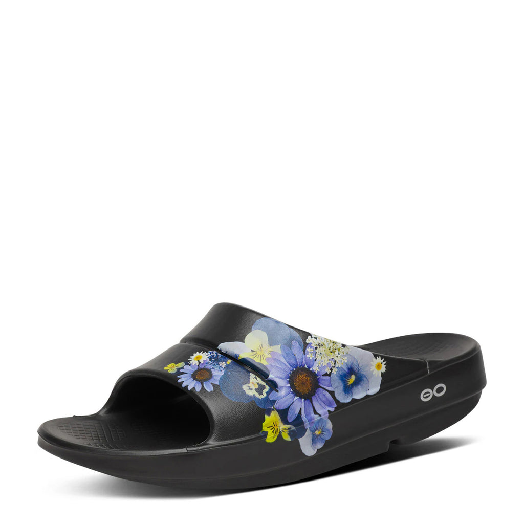 Women's Oofos OOahh Luxe Slide Sandal BLACK BLOSSOM 1103-BLKBLOSSOM
