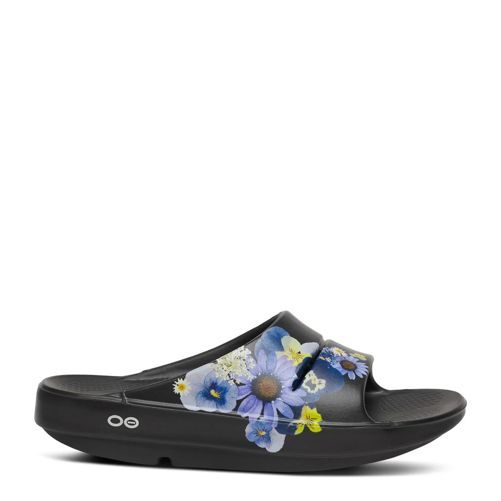 Women's Oofos OOahh Luxe Slide Sandal BLACK BLOSSOM 1103-BLKBLOSSOM