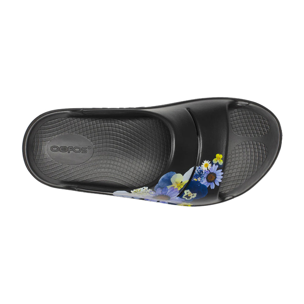 Women's Oofos OOahh Luxe Slide Sandal BLACK BLOSSOM 1103-BLKBLOSSOM