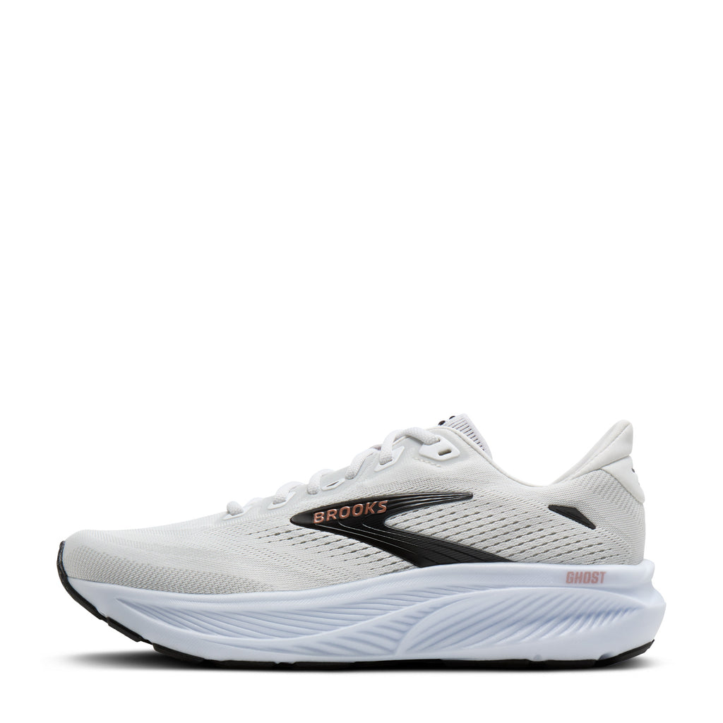 Women's Brooks Ghost 18 Running Shoe - Extra Wide Width WHITE / BLACK / ROSE GOLD 120482 2E 105