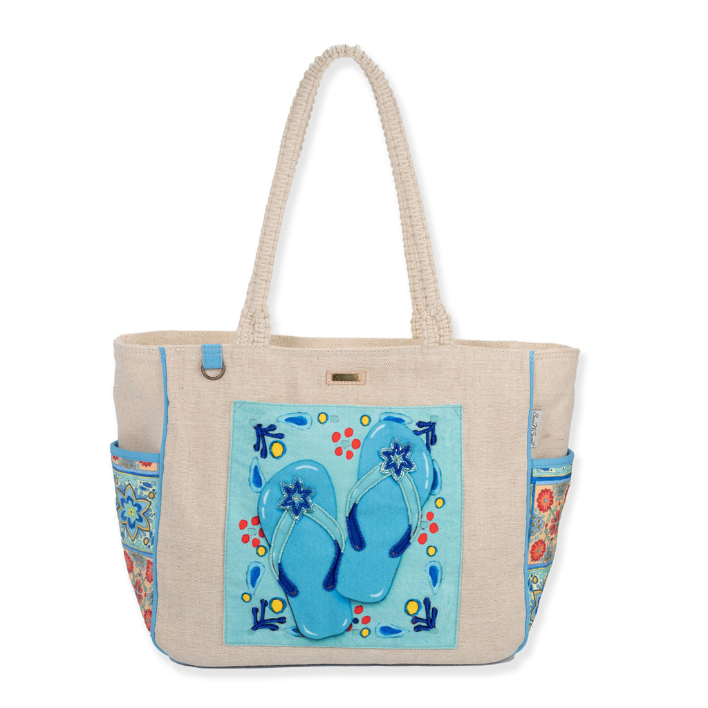 Women's Sun N Sand: Andrea Tachiera Capri Tile Flip Flops Tote TAN BLUE AT7690-B
