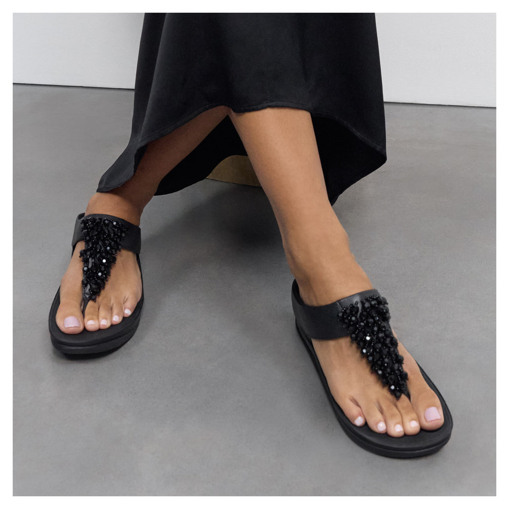Women's FitFlop Rumba Beaded Toe-Post Sandal SOLID BLACK B5R-090