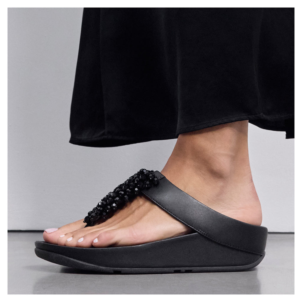 Women's FitFlop Rumba Beaded Toe-Post Sandal SOLID BLACK B5R-090