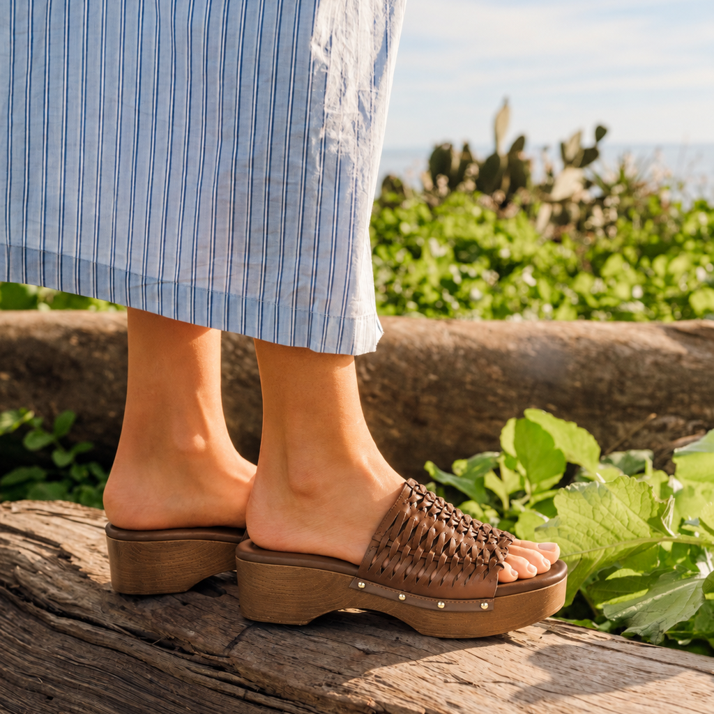 Brown Baretraps Helenna platform sandal featuring a woven upper, open toe, wood-look platform sole and small metallic stud details.