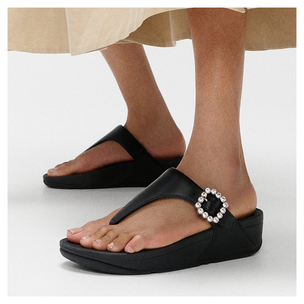 Women's FitFlop Lulu Crystal Gem Buckle Thong Sandal SOLID BLACK E1D-090