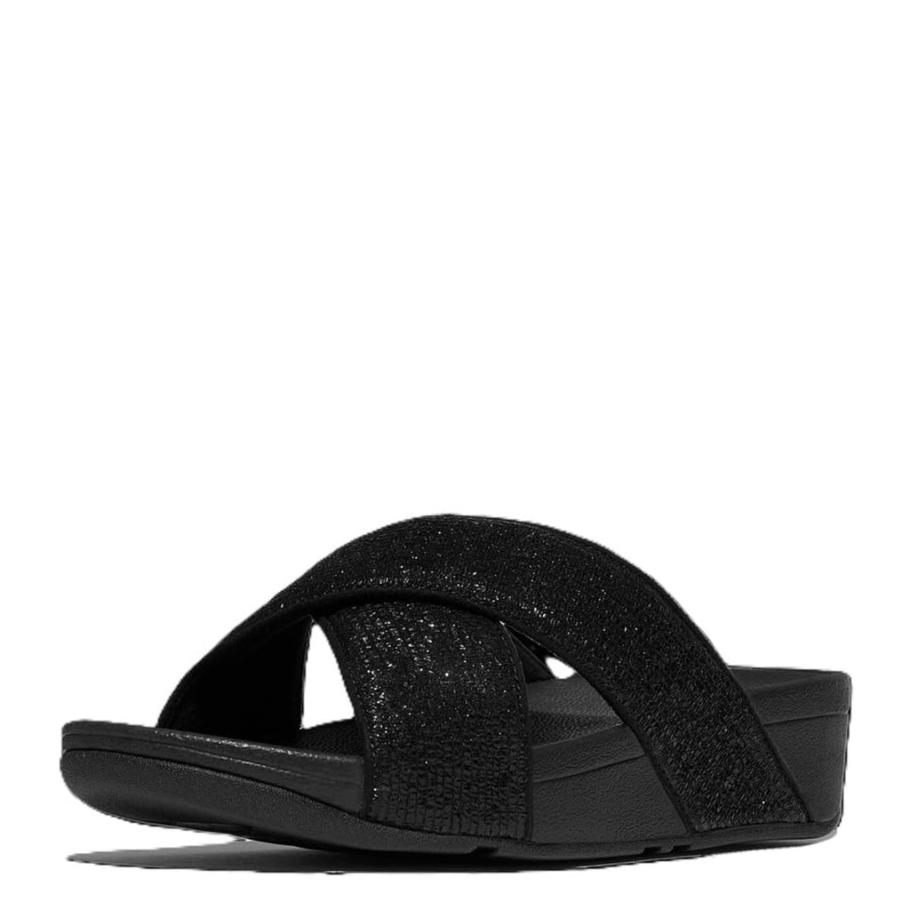 Women's FitFlop Lulu Crinkled Shimmer Slide Sandal BLACK E6K-565