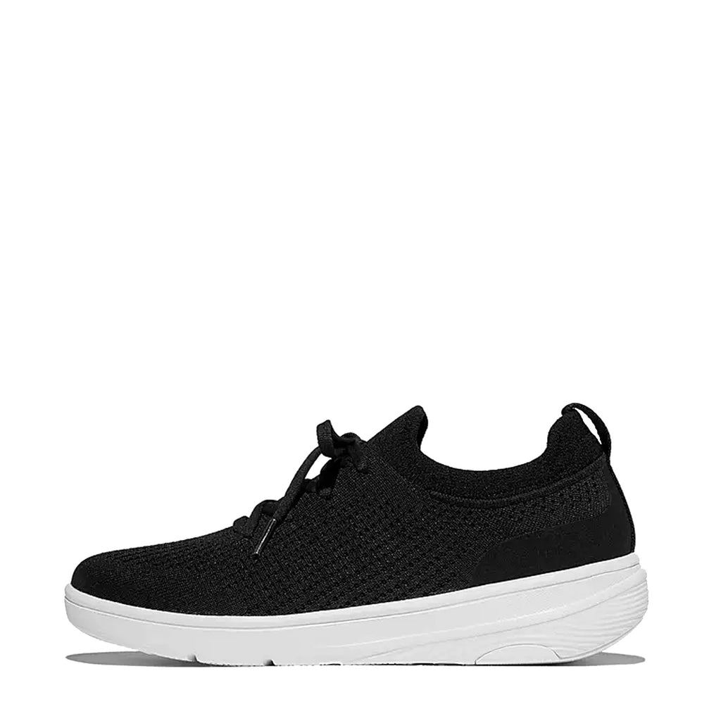 Women's FitFlop SUPER-Q Knit Slip-On Laced Sneaker BLACK  WHITE JM1-001