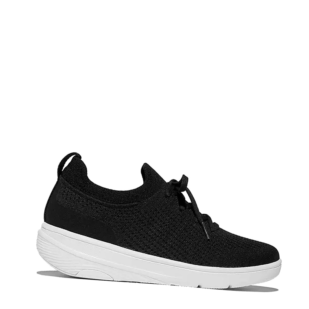 Women's FitFlop SUPER-Q Knit Slip-On Laced Sneaker BLACK  WHITE JM1-001