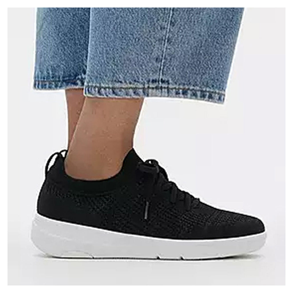 Women's FitFlop SUPER-Q Knit Slip-On Laced Sneaker BLACK  WHITE JM1-001