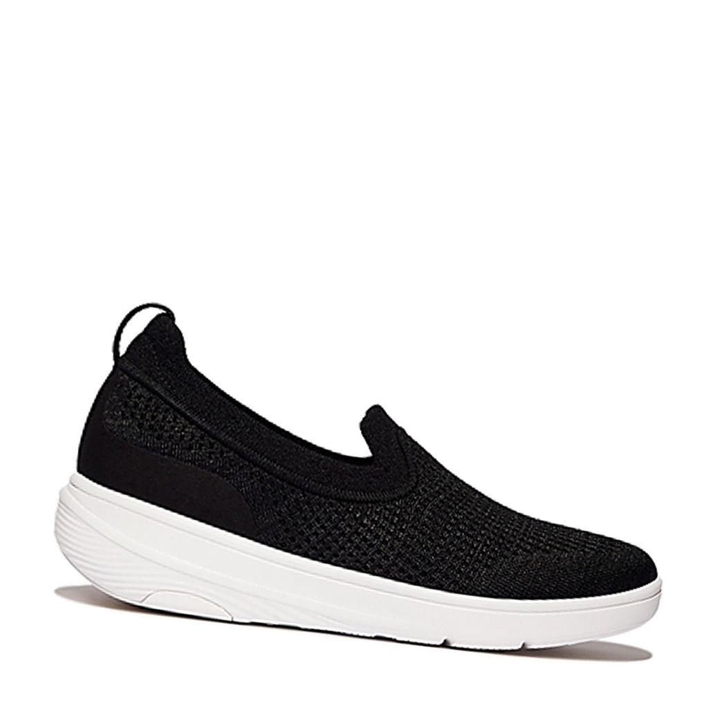 Women's FitFlop SUPER-Q Knit Slip-On Sneaker BLACK  WHITE JM2-001