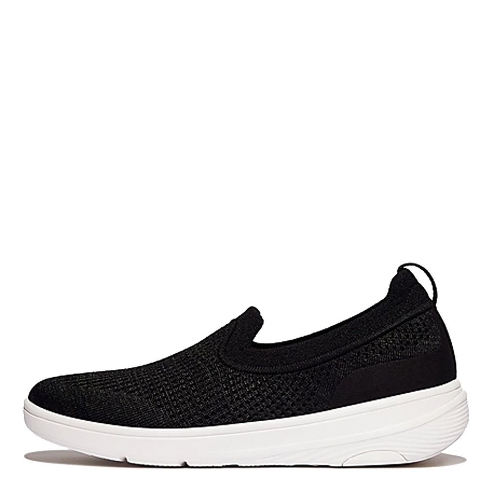 Women's FitFlop SUPER-Q Knit Slip-On Sneaker BLACK  WHITE JM2-001