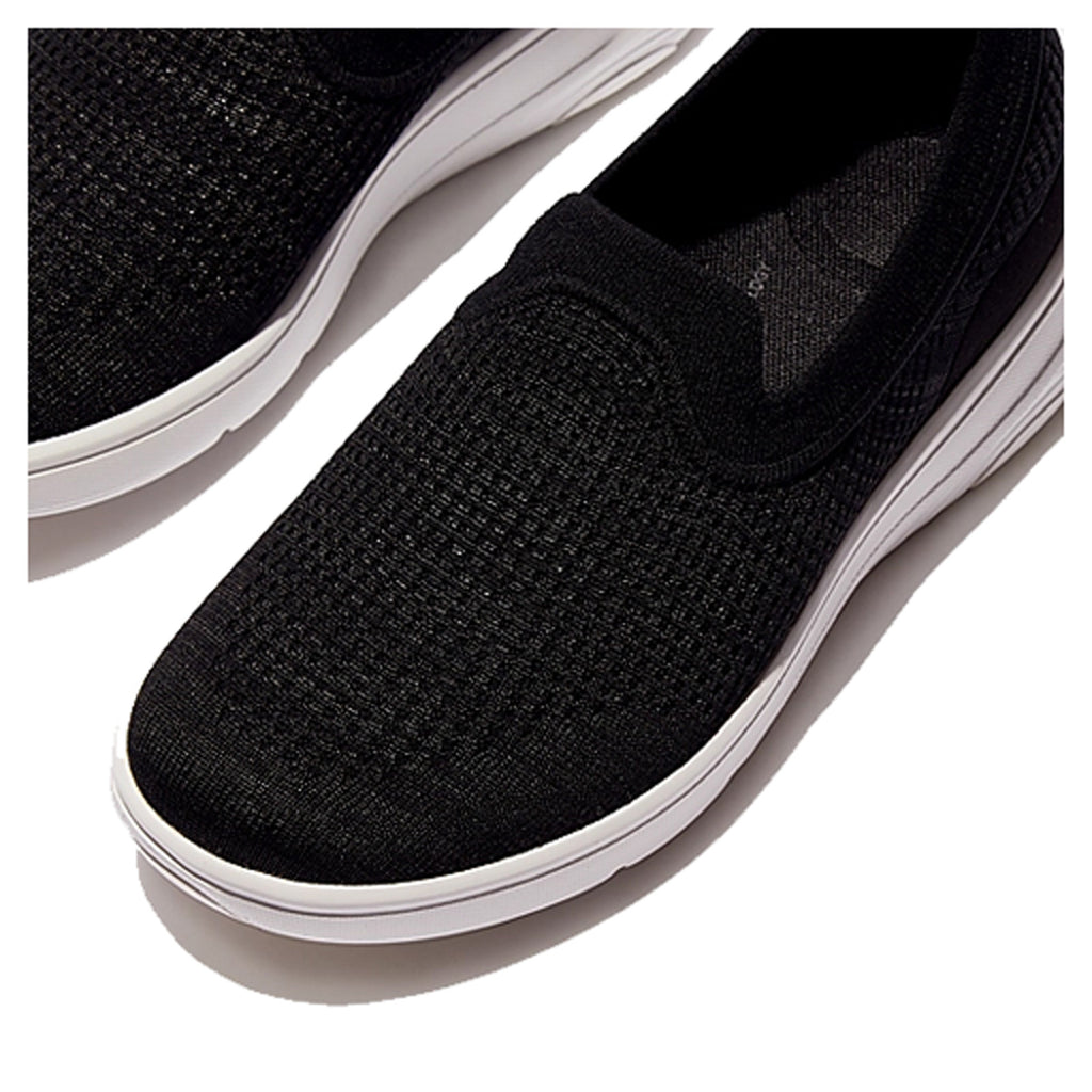 Women's FitFlop SUPER-Q Knit Slip-On Sneaker BLACK  WHITE JM2-001